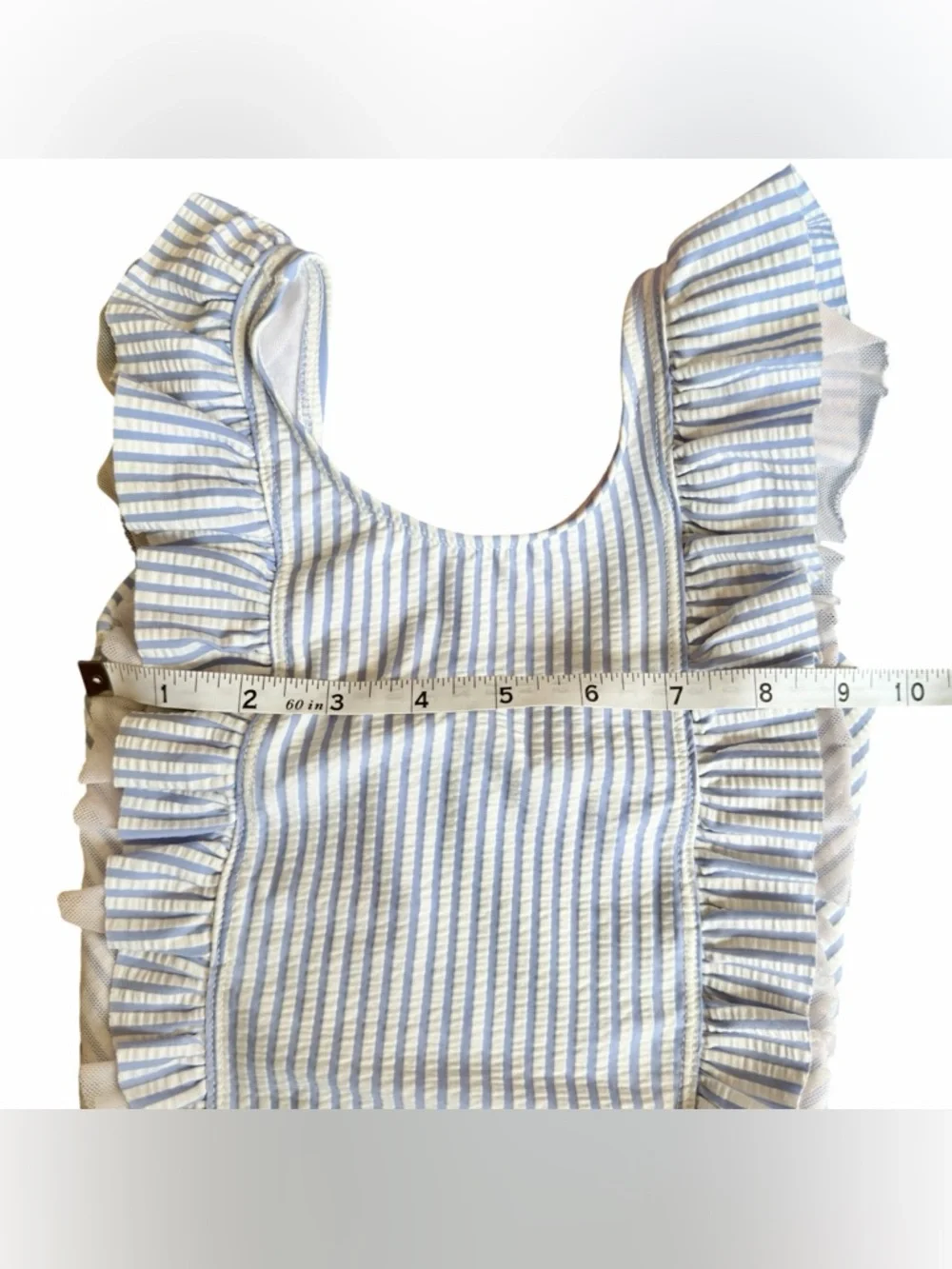 RuffleButts Periwinkle Blue Seersucker Waterfall One Piece UPF 50+ Size 2T